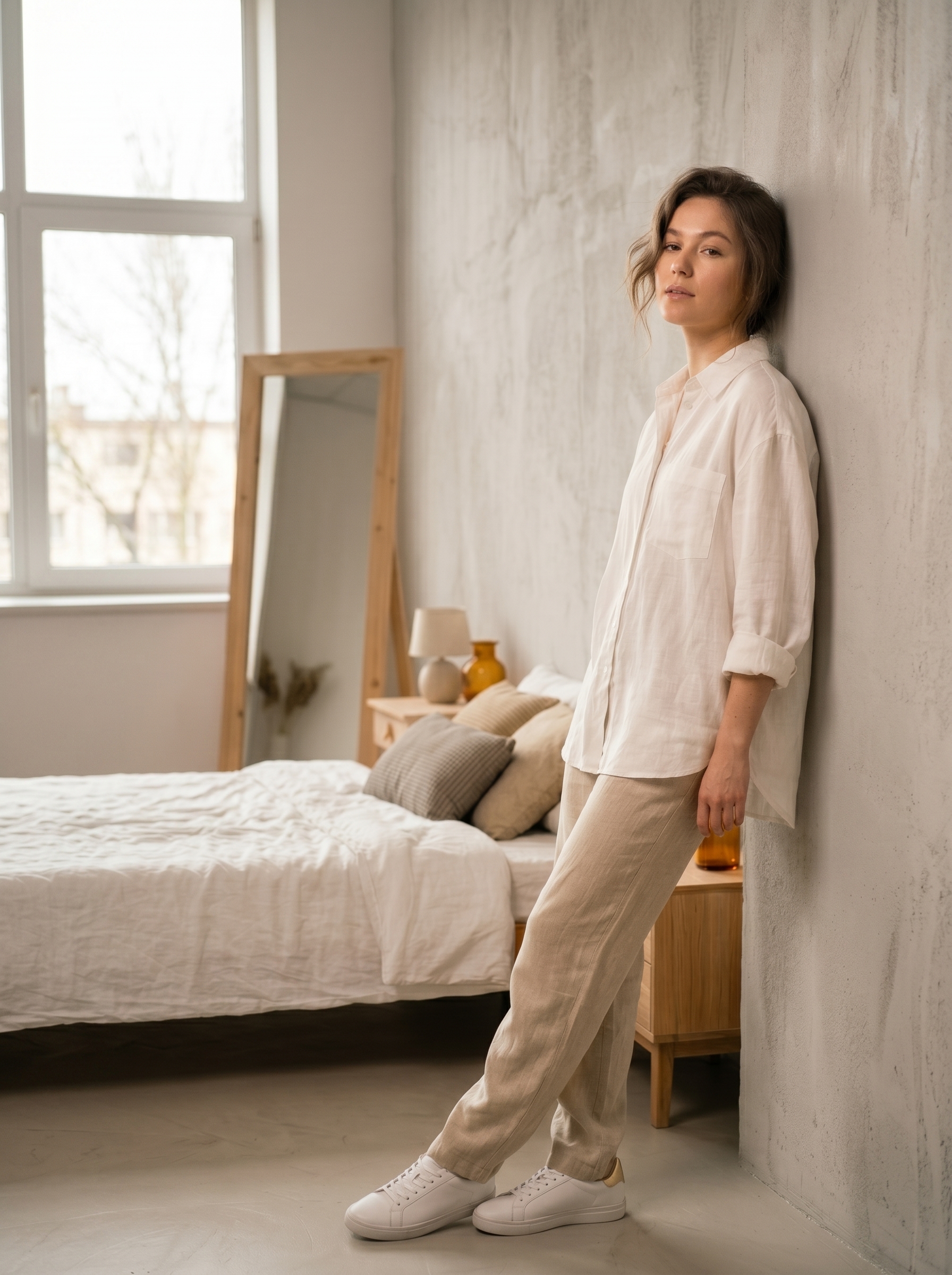 Sneaker minimaliste  résultat prompt VIDA, influenceur stylé en chambre
